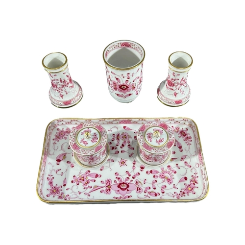 407 - A 19TH CENTURY MEISSEN PORCELAIN PINK INDIAN FLOWER PATTERN INKWELL, VASE AND PAIR OF CANDLESTICKS
A... 