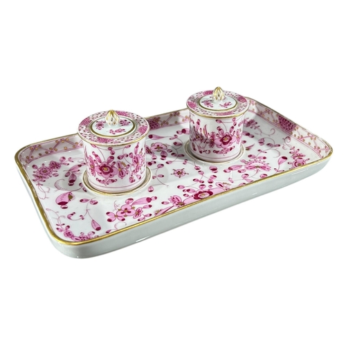 407 - A 19TH CENTURY MEISSEN PORCELAIN PINK INDIAN FLOWER PATTERN INKWELL, VASE AND PAIR OF CANDLESTICKS
A... 