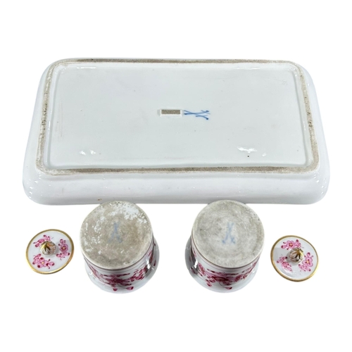 407 - A 19TH CENTURY MEISSEN PORCELAIN PINK INDIAN FLOWER PATTERN INKWELL, VASE AND PAIR OF CANDLESTICKS
A... 