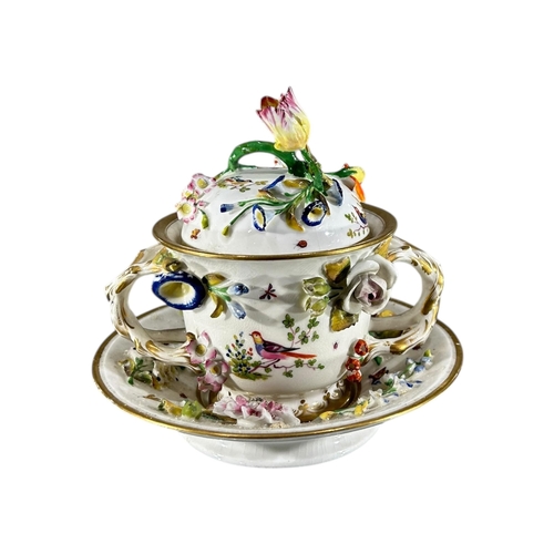 416 - COALBROOKDALE, AN EARLY 19TH CENTURY COALPORT PORCELAIN TWIN HANDLED LIDDED POT AND SAUCER
Decorated... 