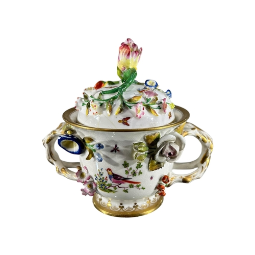 416 - COALBROOKDALE, AN EARLY 19TH CENTURY COALPORT PORCELAIN TWIN HANDLED LIDDED POT AND SAUCER
Decorated... 