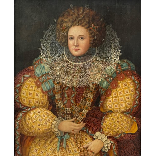 555 - A 16TH/17TH CENTURY OIL ON OAK PANEL, PORTRAIT OF A YOUNG ELIZABETHAN LADY
Richly dressed, wearing a... 