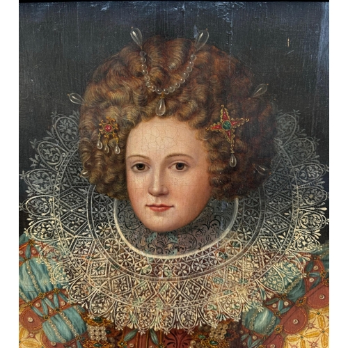 555 - A 16TH/17TH CENTURY OIL ON OAK PANEL, PORTRAIT OF A YOUNG ELIZABETHAN LADY
Richly dressed, wearing a... 