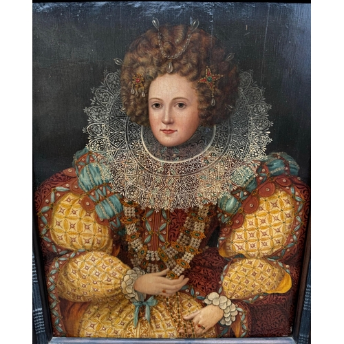 555 - A 16TH/17TH CENTURY OIL ON OAK PANEL, PORTRAIT OF A YOUNG ELIZABETHAN LADY
Richly dressed, wearing a... 