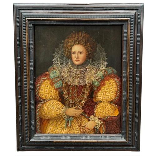 555 - A 16TH/17TH CENTURY OIL ON OAK PANEL, PORTRAIT OF A YOUNG ELIZABETHAN LADY
Richly dressed, wearing a... 