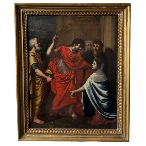 561 - A 17TH CENTURY FRENCH OIL ON PANEL, CHRIST AND THE CANAANITE WOMAN
Held in a giltwood frame.
(sight ... 