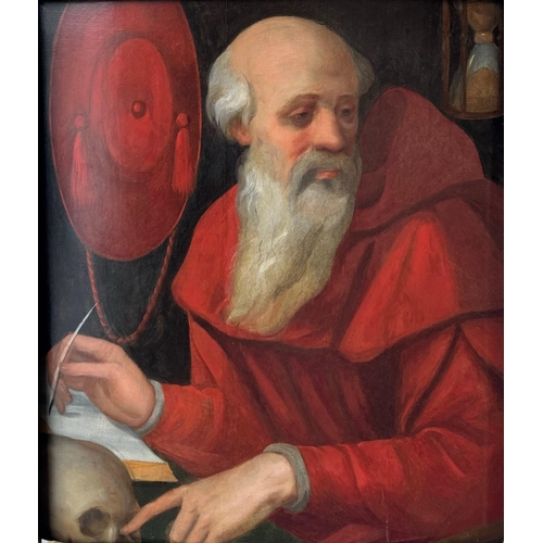 563 - A 16TH CENTURY OIL ON PANEL, SAINT JEROME IN HIS STUDY
Held in a giltwood frame.
(panel 43cm x 51cm,... 