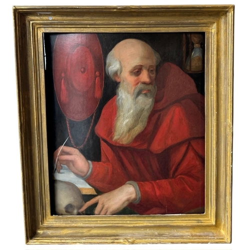 563 - A 16TH CENTURY OIL ON PANEL, SAINT JEROME IN HIS STUDY
Held in a giltwood frame.
(panel 43cm x 51cm,... 