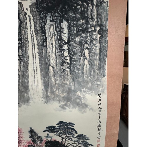 396 - ATTRIBUTED ZHAO WANG YUN, 1906 - 1977, CHINESE SCROLL, INK AND COLOUR DEPICTING MOUNTAINOUS LANDSCAP... 