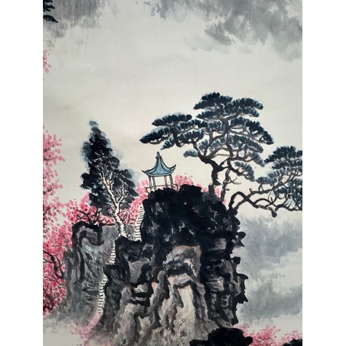 396 - ATTRIBUTED ZHAO WANG YUN, 1906 - 1977, CHINESE SCROLL, INK AND COLOUR DEPICTING MOUNTAINOUS LANDSCAP... 