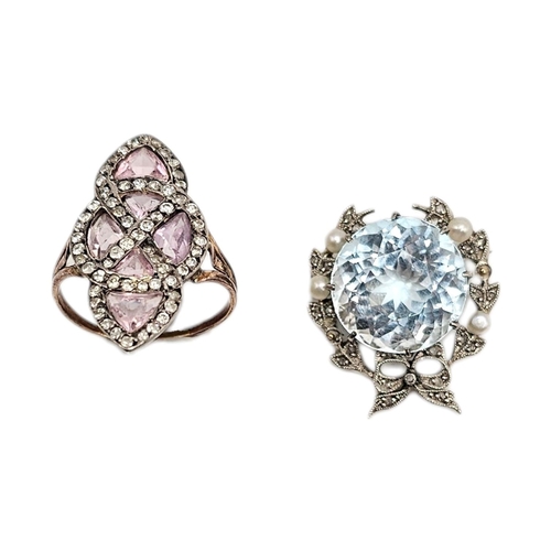 27 - A 19TH CENTURY YELLOW AND WHITE METAL DIAMOND AND CRYSTAL MARQUISE RING, TOGETHER WITH WHITE METAL B... 
