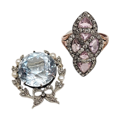 27 - A 19TH CENTURY YELLOW AND WHITE METAL DIAMOND AND CRYSTAL MARQUISE RING, TOGETHER WITH WHITE METAL B... 