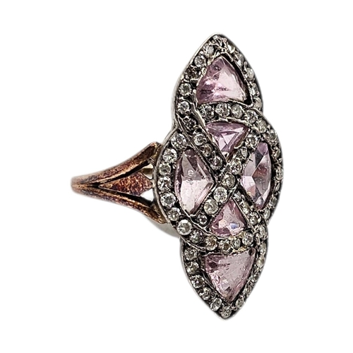 27 - A 19TH CENTURY YELLOW AND WHITE METAL DIAMOND AND CRYSTAL MARQUISE RING, TOGETHER WITH WHITE METAL B... 