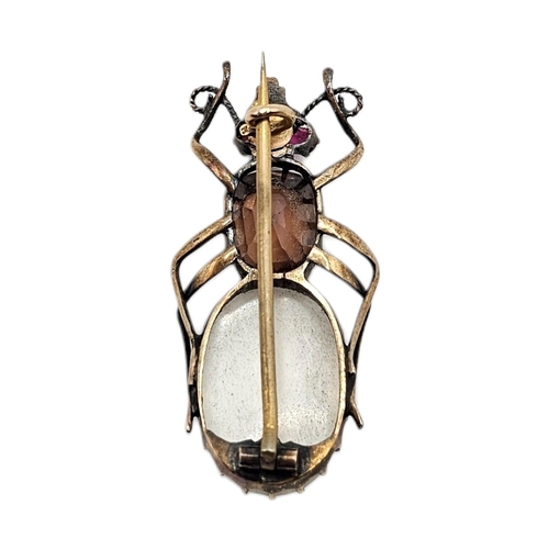 29 - A 19TH CENTURY VICTORIAN YELLOW METAL, MOONSTONE AND ORANGE TOURMALINE INSECT BEETLE BROOCH (YELLOW ... 