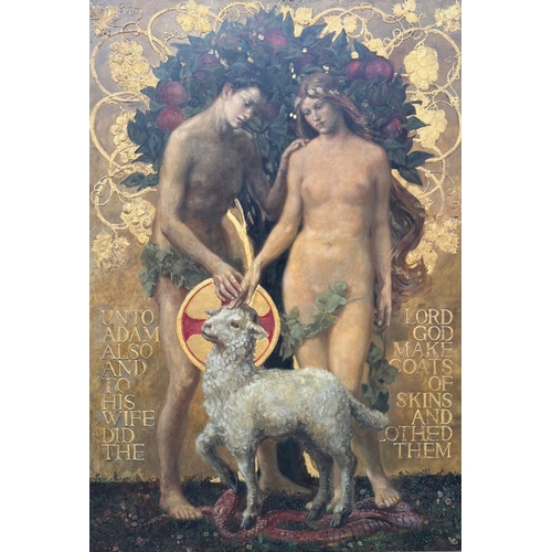 220 - A LARGE FINE LATE 19TH CENTURY PRE-RAPHAELITE OIL AND EMBOSSED GILT GESSO ON PANEL
Adam and Eve and ... 
