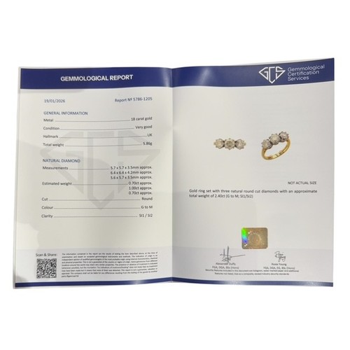 501 - AN 18CT GOLD 2.40CT NATURAL DIAMOND TRILOGY / ENGAGEMENT RING, HALLMARKED BIRMINGHAM
Having central ... 