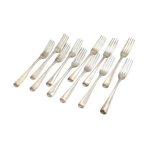 528 - SAMUEL NEVILLE, IRELAND, A SET OF ELEVEN EARLY 19TH CENTURY GEORGE III IRISH SILVER DESSERT FORKS
Ha... 