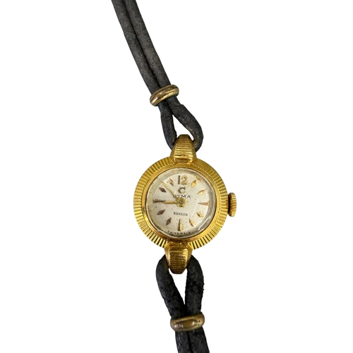 541 - CYMA, 20TH CENTURY 18CT GOLD LADIES’ WRISTWATCH
Silvered steel dial with gold toned hour marks, Swis... 