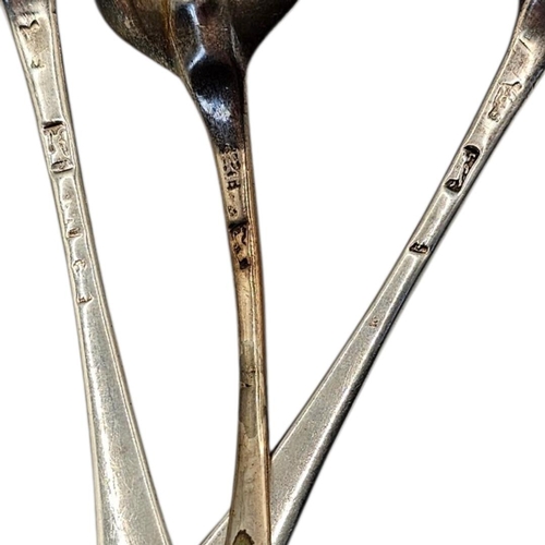 550 - PHILIP ROKER II, FOUR 18TH CENTURY GEORGE I/GEORGE II SILVER DESSERT SPOONS
Hallmarked London, 1727,... 