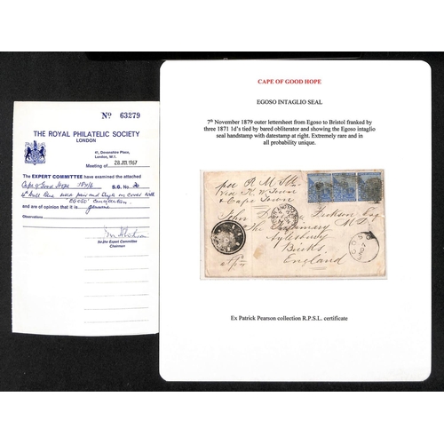 1302 - 1879 Entire to England with 4d strip of three tied by barred circle obliterators, handstamped with a... 