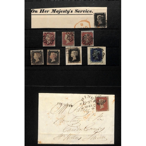 215 - 1840 1d Blacks (4) and 2d blue, and 1841 1d reds (7, four on covers), the single stamps all with fou... 