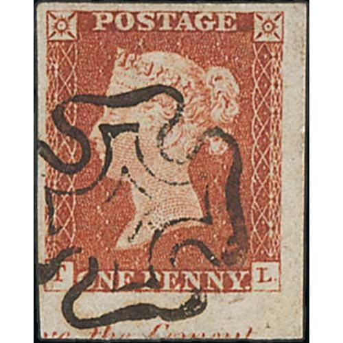 291 - 1841 1d Red-brown plate 32, TL with huge margins, part inscription in reduced lower sheet margin, bl... 