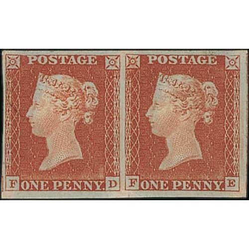 295 - 1841 1d Red-brown plate 52, FD-FE pair with good to large margins, unmounted mint with full original... 