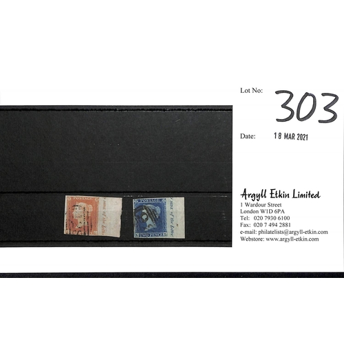 303 - 1841 1d Red-brown plate 118 and 2d blue plate 4, both LL with part inscription in right sheet margin... 