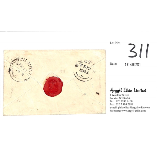 311 - 1843 (Feb 13) 1d Pink envelope bearing a four margin 1d red-brown (plate 229) used from South Molton... 