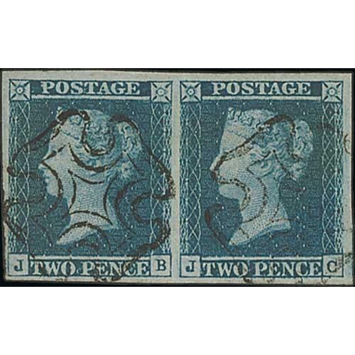 330 - 1841 2d Blue plate 3, JB-JC pair with large margins, each with a neat black Maltese Cross cancel, ve... 