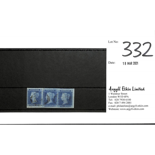 332 - 1841 2d Blue, plate 4 TJ-TL strip of three with enormous margins, portions of 