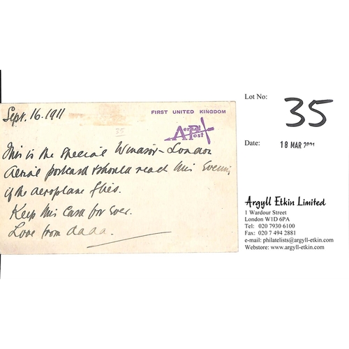 35 - 1911 (Sep 16) Windsor to London violet privilege mail postcard, KGV ½d tied by the Windsor Aeri... 