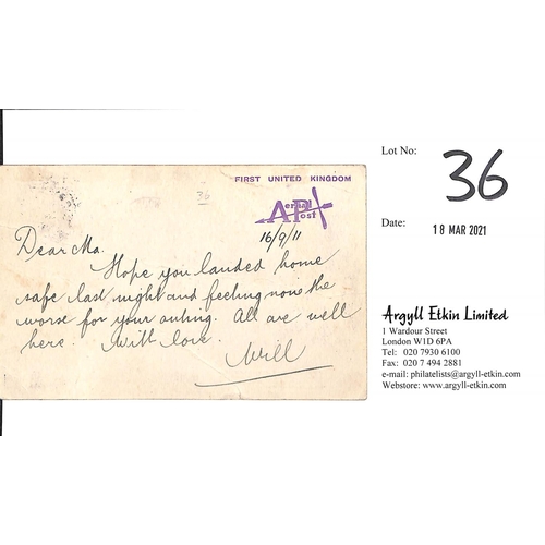 36 - 1911 (Sep 16) Windsor to London violet privilege mail postcard with KGV ½d tied by the Windsor ... 