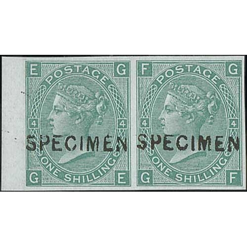 374 - 1867 1/- Green plate 4, GE-GF imperforate pair each handstamped 