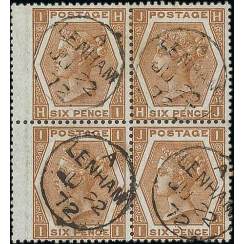 379 - 1872 6d Chestnut plate 11, HI-IJ block of four each cancelled by Lenham c.d.s, central wing margin a... 