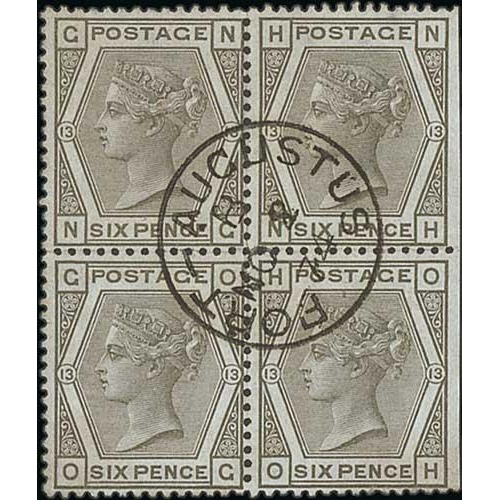 388 - 1874 6d Grey plate 13, watermark Spray of Rose, NG-OH block of four used, unusually with a single ce... 