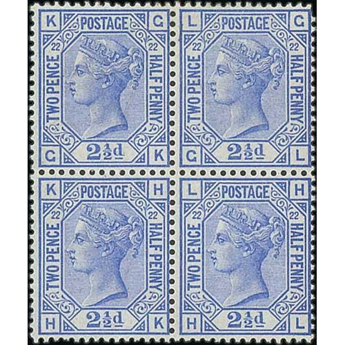 390 - 1881 2½d Blue plate 22, watermark Imperial Crown, GK-HL block of four unmounted mint, full orig... 