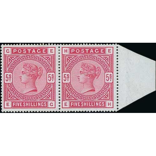 404 - 1883 5/- Rose on white paper, EG-EH pair with margin at right (margin clipped at top and base), well... 