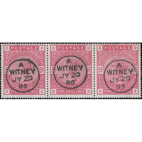 405 - 1883 5/- Rose on white paper, DC-DE strip of three each with a central Witney c.d.s, a few upper per... 