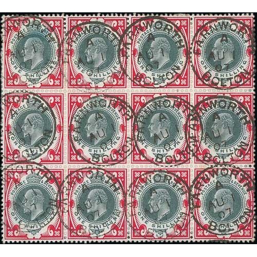 419 - 1905 1/- Dull green and carmine on chalk surfaced paper, block of twelve each cancelled by Farnworth... 