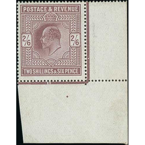 426 - 1911 Somerset House 2/6 dull reddish purple, lower right corner marginal single with date cuts in ma... 