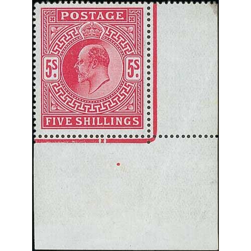 427 - 1912 Somerset House 5/- carmine, lower right corner marginal single with date cuts in marginal rule,... 