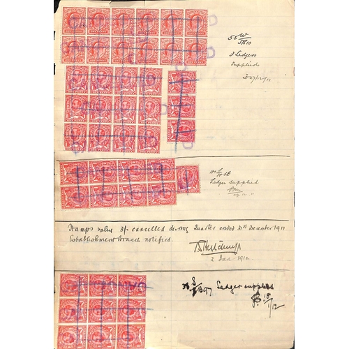 431 - 1911 Complete or partial ledger pages with stamps on one or both sides comprising KEVII ½d (21)... 