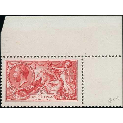 442 - 1913 Waterlow 5/- rose-carmine, upper right corner marginal single, unmounted mint with full origina... 