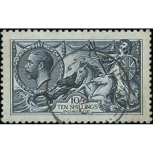 444 - 1913 Waterlow 10/- indigo-blue used with light Guernsey c.d.s, well centred, unusually fine. S.G. 40... 