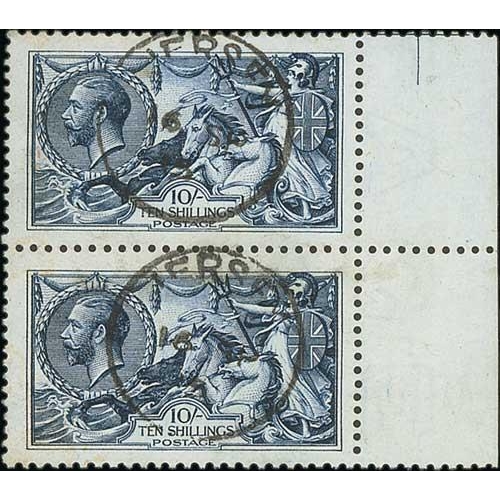 446 - 1913 Waterlow 10/- indigo-blue, vertical pair with sheet margin at right (upper stamp with part cent... 