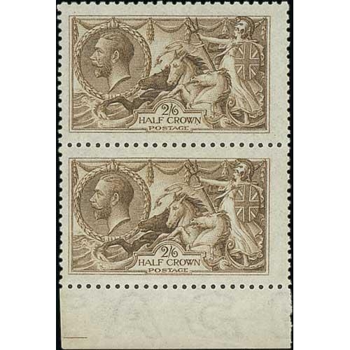 456 - 1915 De La Rue 2/6 sepia (seal brown) vertical pair, sheet margin at base, unmounted mint, centred t... 