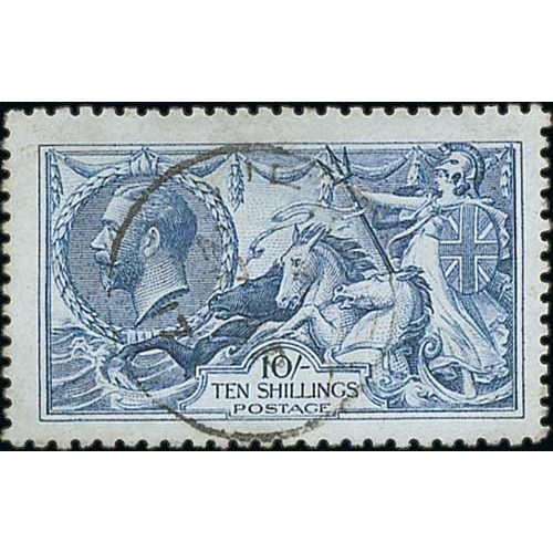 459 - 1915 De La Rue 10/- blue, light c.d.s cancel, superb used. S.G. 412, £875. Photo on Page 66.