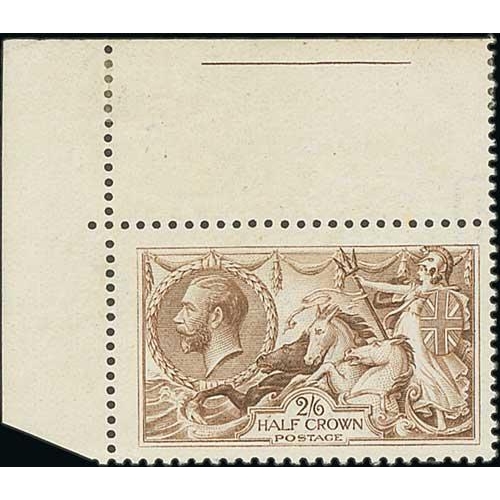 463 - 1918 Bradbury Wilkinson 2/6 olive-brown, upper left corner marginal single, re-entries on shield, un... 