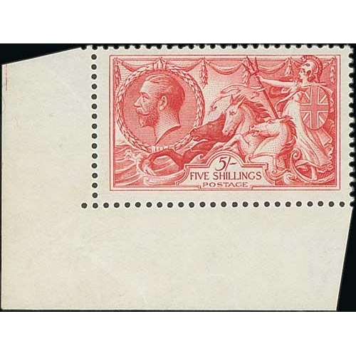 471 - 1919 Bradbury Wilkinson 5/- rose-red, lower left corner marginal single, unmounted mint with full or... 